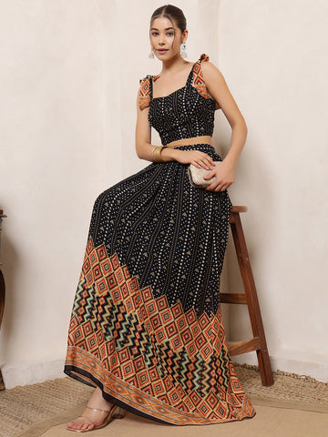 Black Bandhani Printed Crop Top With Skirt Indo Western Women Co-Ord Set