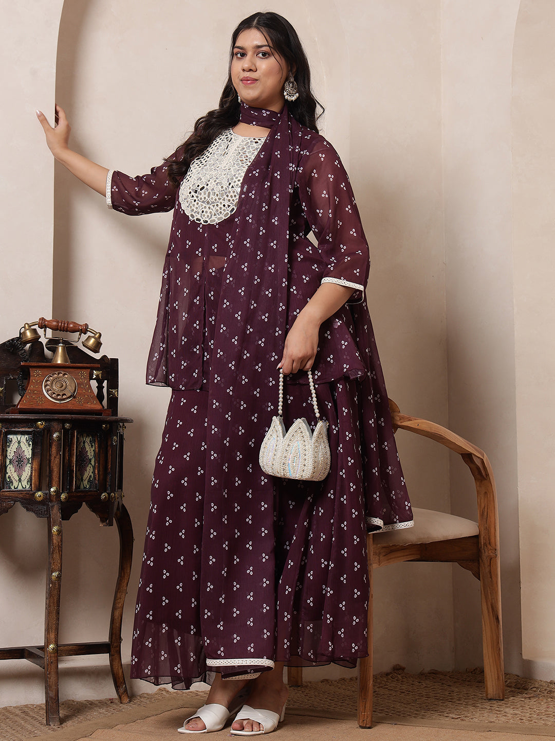 Wine Bandhani Printed Peplum Top With Embroidered Neck Patch With Panel Sharara With Dupatta Women Indo Western Co-Ord Set