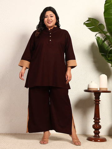 Brown Cotton Flex Solid Kurta With Slit Pant Women Plus Size Co-Ord Set