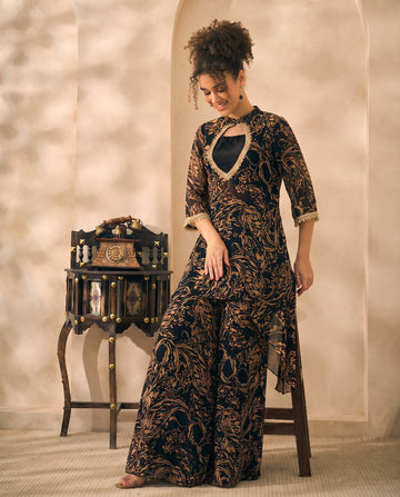 Black Chiffon Abstract Print Kurta & Palazzo With Bustier Indo Western Women 3 Piece Set