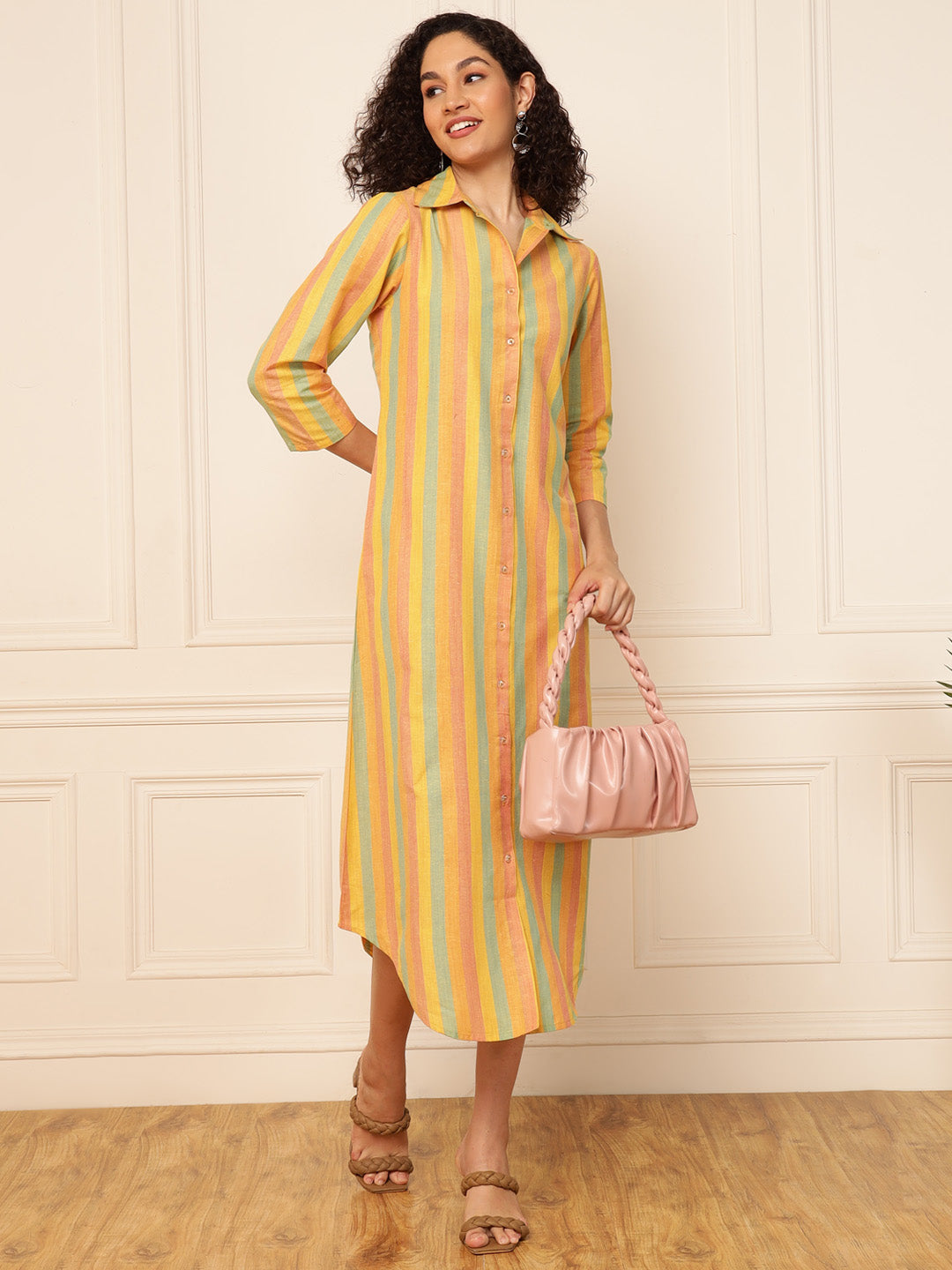 Yellow Striped Women Shirt Dress