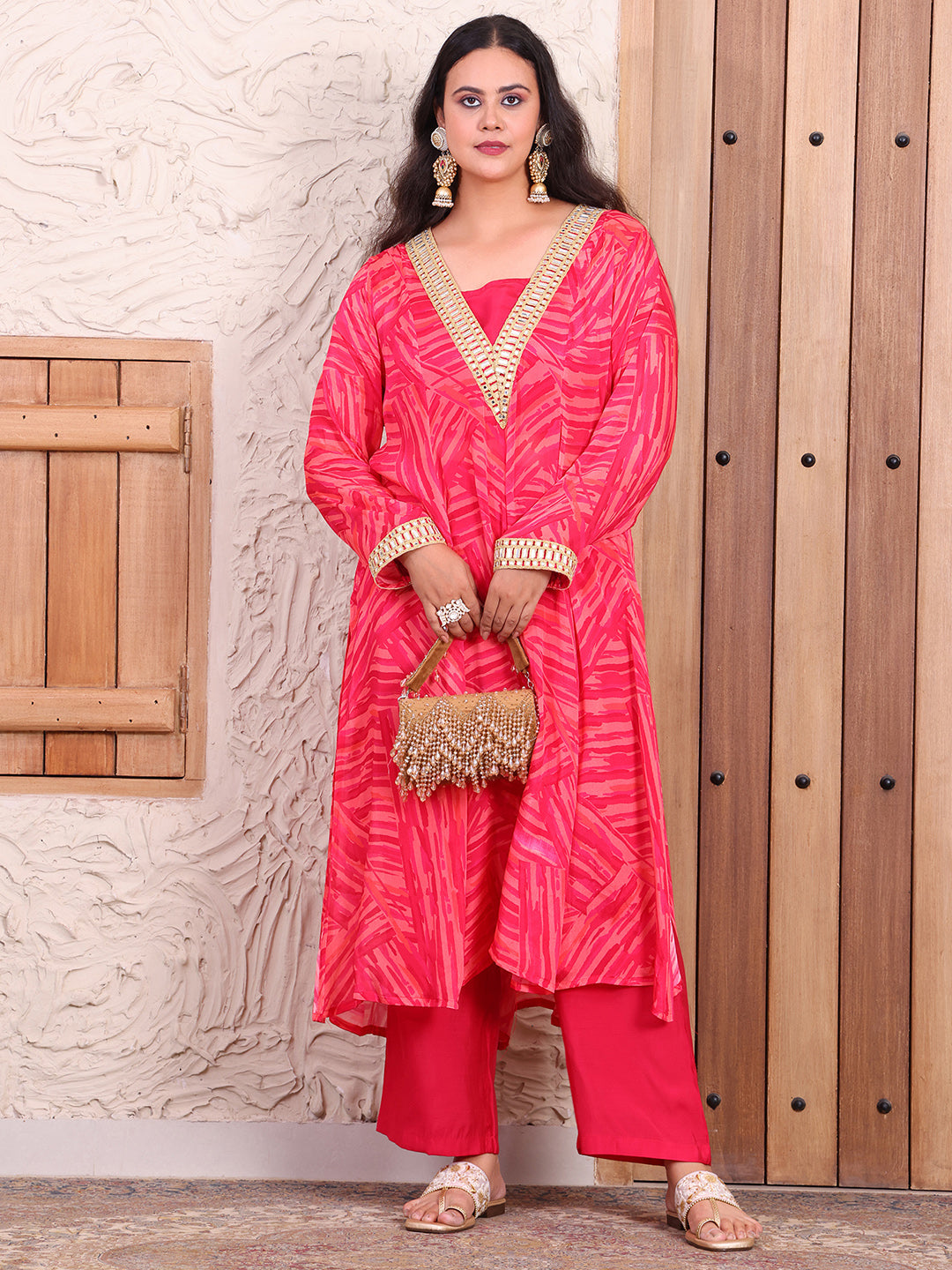 Abstract Printed Pure Chinnon Kurta With Inner Crop Top & Pants Indo Western Set