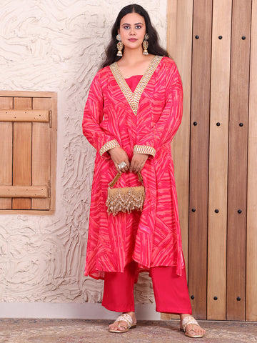 Abstract Printed Pure Chinnon Kurta With Inner Crop Top & Pants Indo Western Set