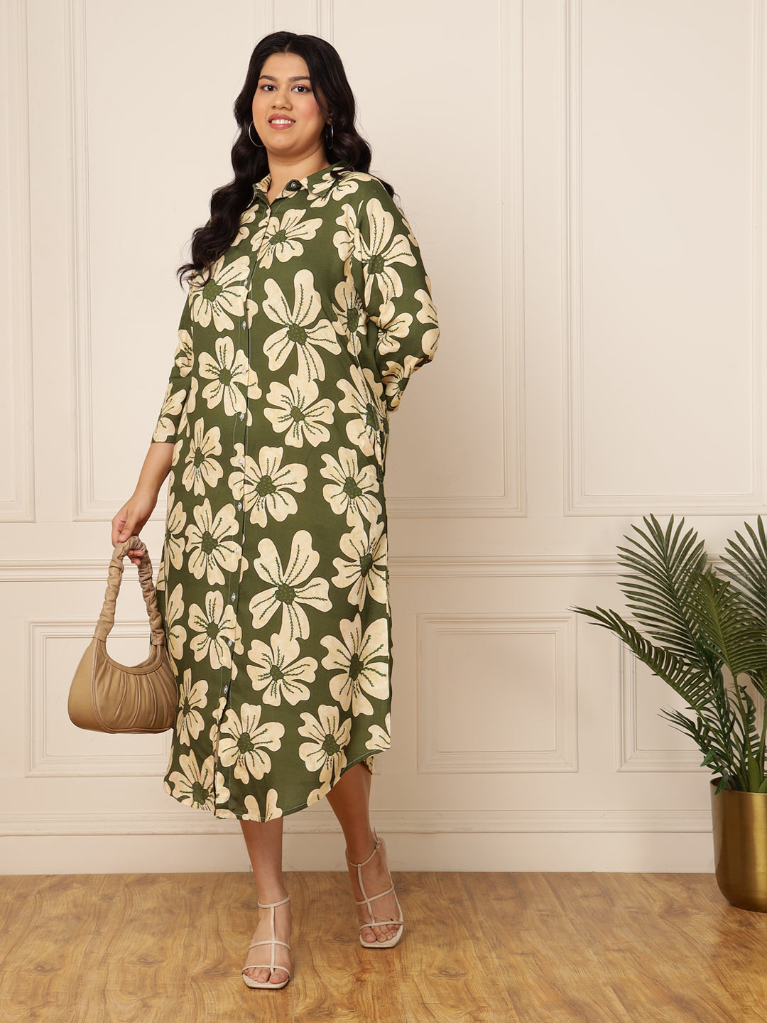 Women's Plus Size Olive Green Floral Printed Shirt Dress