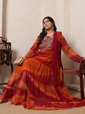 Maroon With Mustard Ombre Printed Tiered Maxi Ethnic Kurta With Embroidered Neck Patch With Dupatta For Women