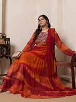 Maroon With Mustard Ombre Printed Tiered Maxi Ethnic Kurta With Embroidered Neck Patch With Dupatta For Women