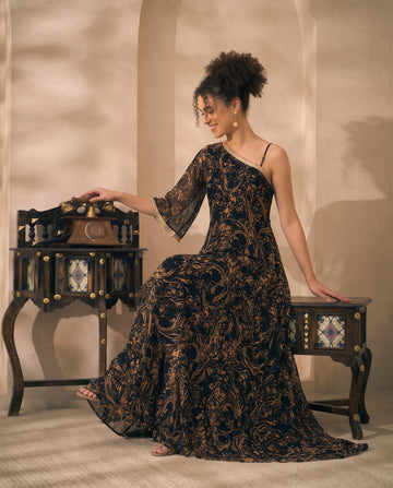 Black Chiffon Paisley Print One Shoulder Tunic With Palazzo Indo Western Women Co-ord Set