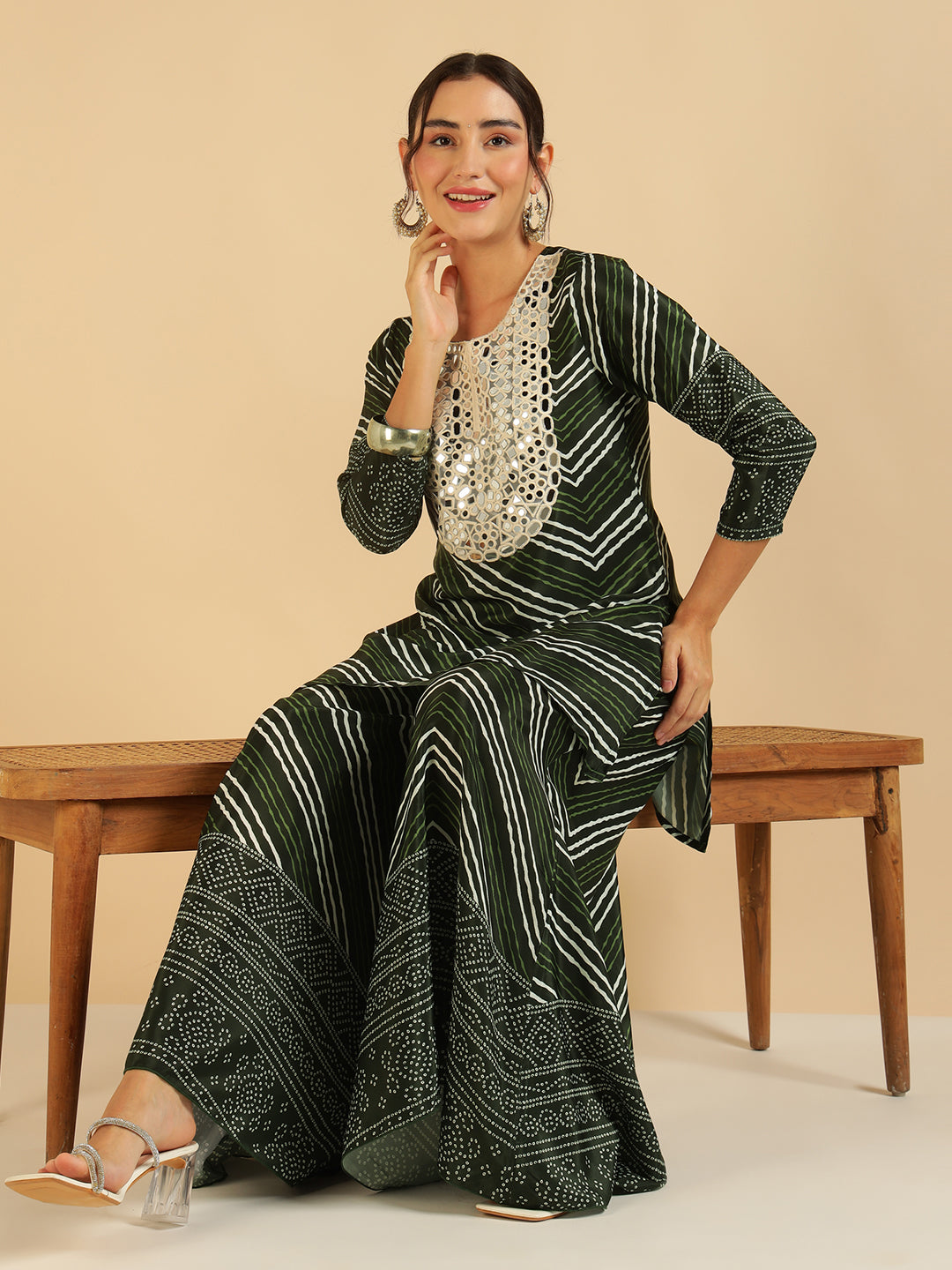 Dark Green Lahariya With Bandhani Printed Kurti & Sharara Women Co-Ord Set