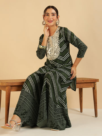 Dark Green Lahariya With Bandhani Printed Kurti & Sharara Women Co-Ord Set