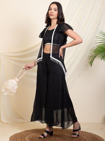 Black Lurex Shrug With Inner Top With Palazzos Women Set