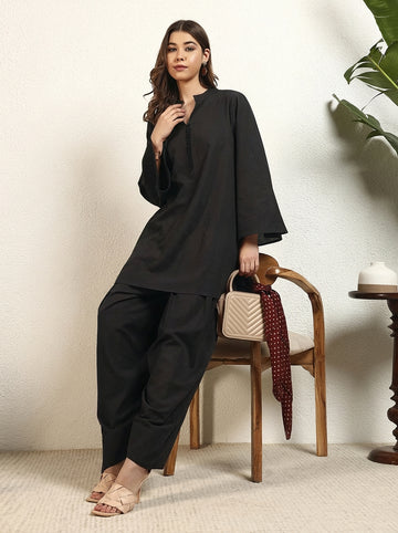 Black Cotton Flex Solid Mandarin Collar Kurta With Salwar Pant Women Co-Ord Set