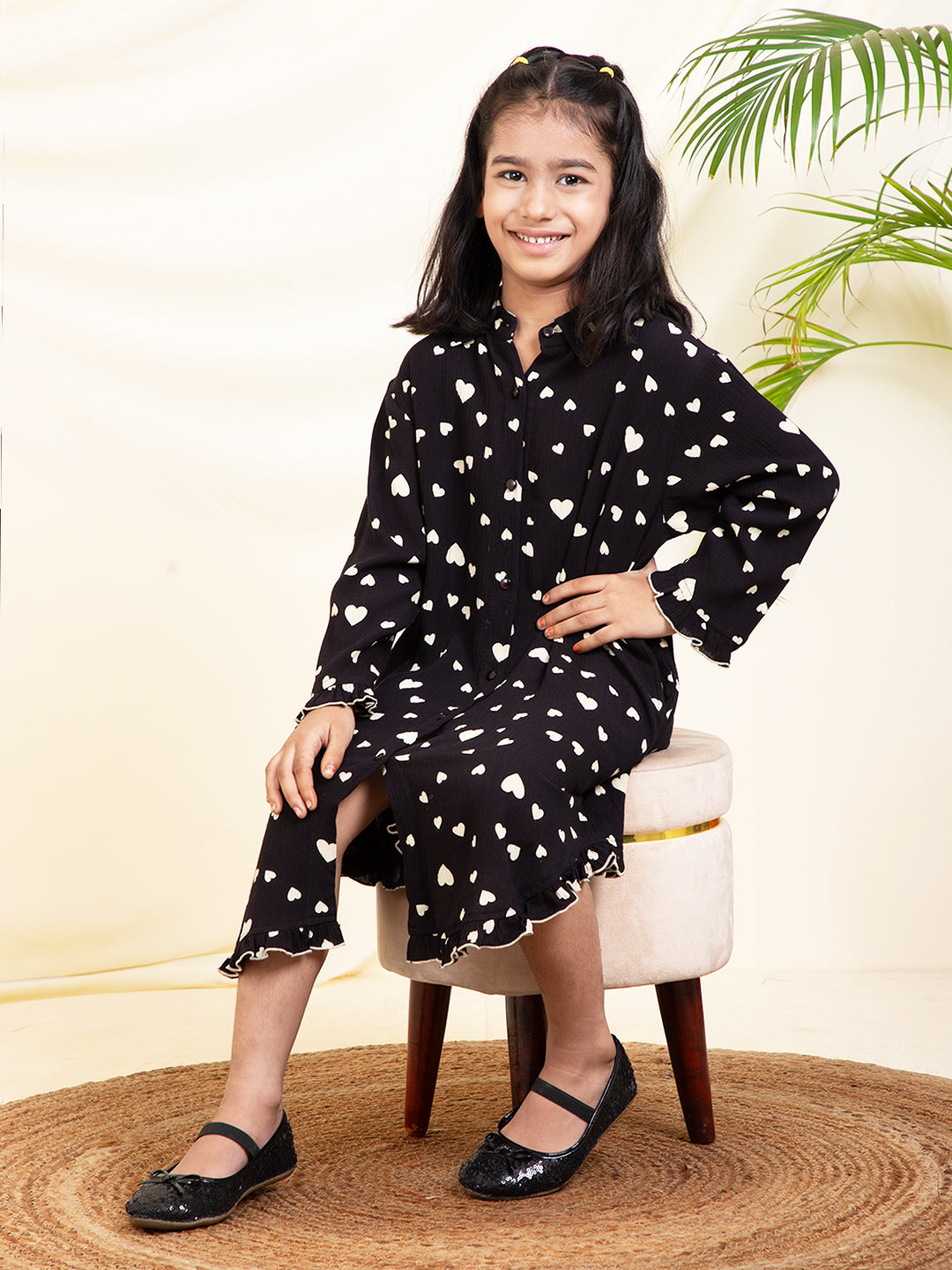 Heart Printed Girls Shirt Dress With Frill