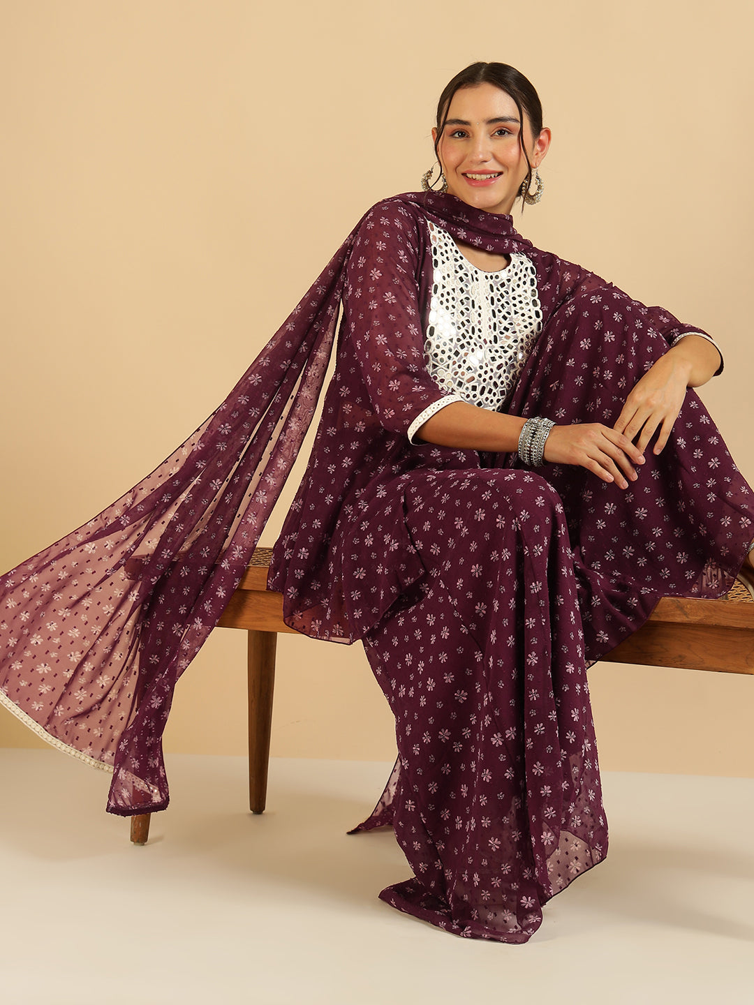 Wine Floral Printed Peplum Top & Sharara With Dupatta Fusion Co-Ord Set For Women