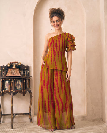 Olive Tie Dye Chiffon One Shoulder Top With Palazzo Indo Western Women Set