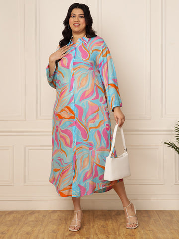 Women's Plus Size Turquoise Abstract Printed Shirt Dress
