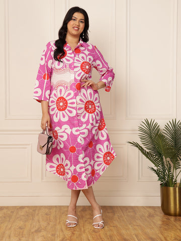 Women's Plus Size Magenta Big-Floral Printed Shirt Dress