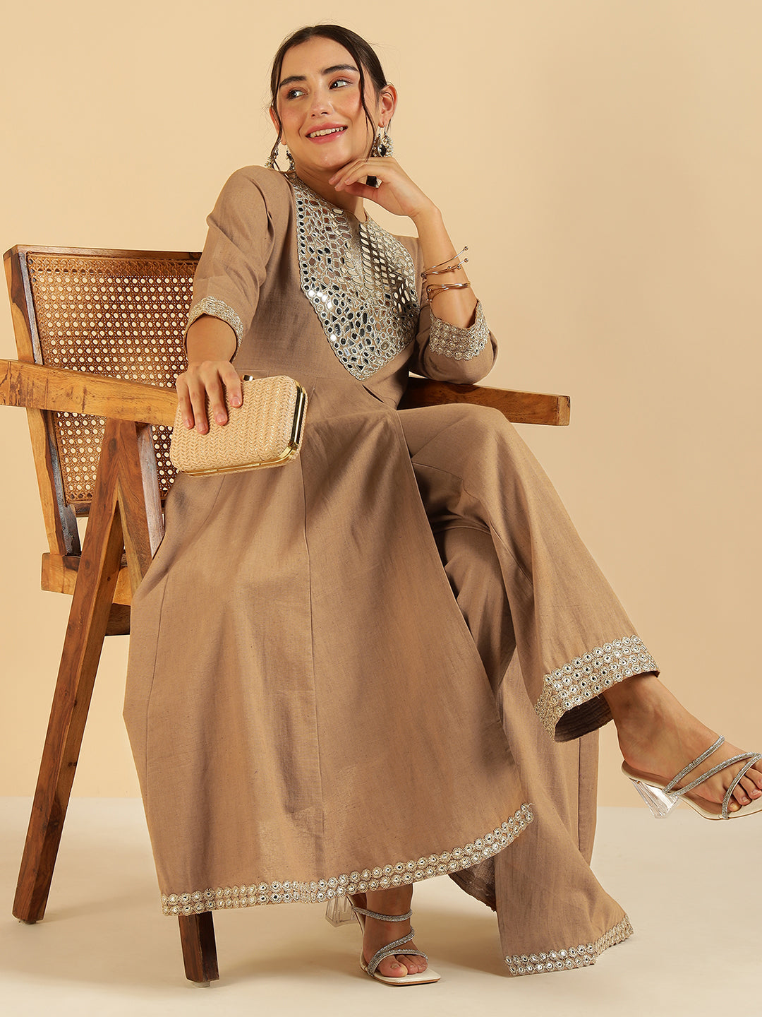 Beige Pure Cotton Tunic & Palazzo Fusion Women Co-Ord Set