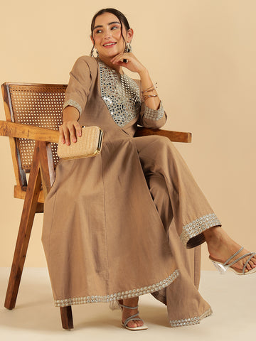 Beige Pure Cotton Tunic & Palazzo Fusion Women Co-Ord Set