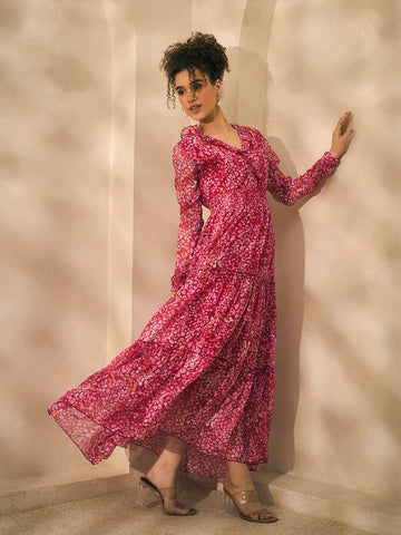 Chiffon Abstract Print Magenta Tiered Women Maxi Dress