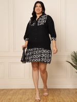 Women's Plus Size Black Geometrical Printed Tiered Knee Length Dress