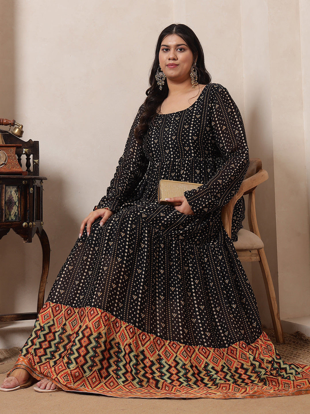 Black Bandhani Printed Tiered Ethnic Maxi Dress For Women