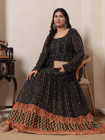 Black Bandhani Printed Tiered Ethnic Maxi Dress For Women