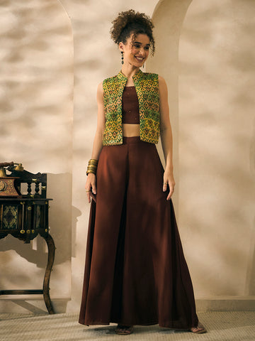 Heart Printed Embroidered Jacket With Crop Top With Palazzo Indo Western Women 3 Piece Set