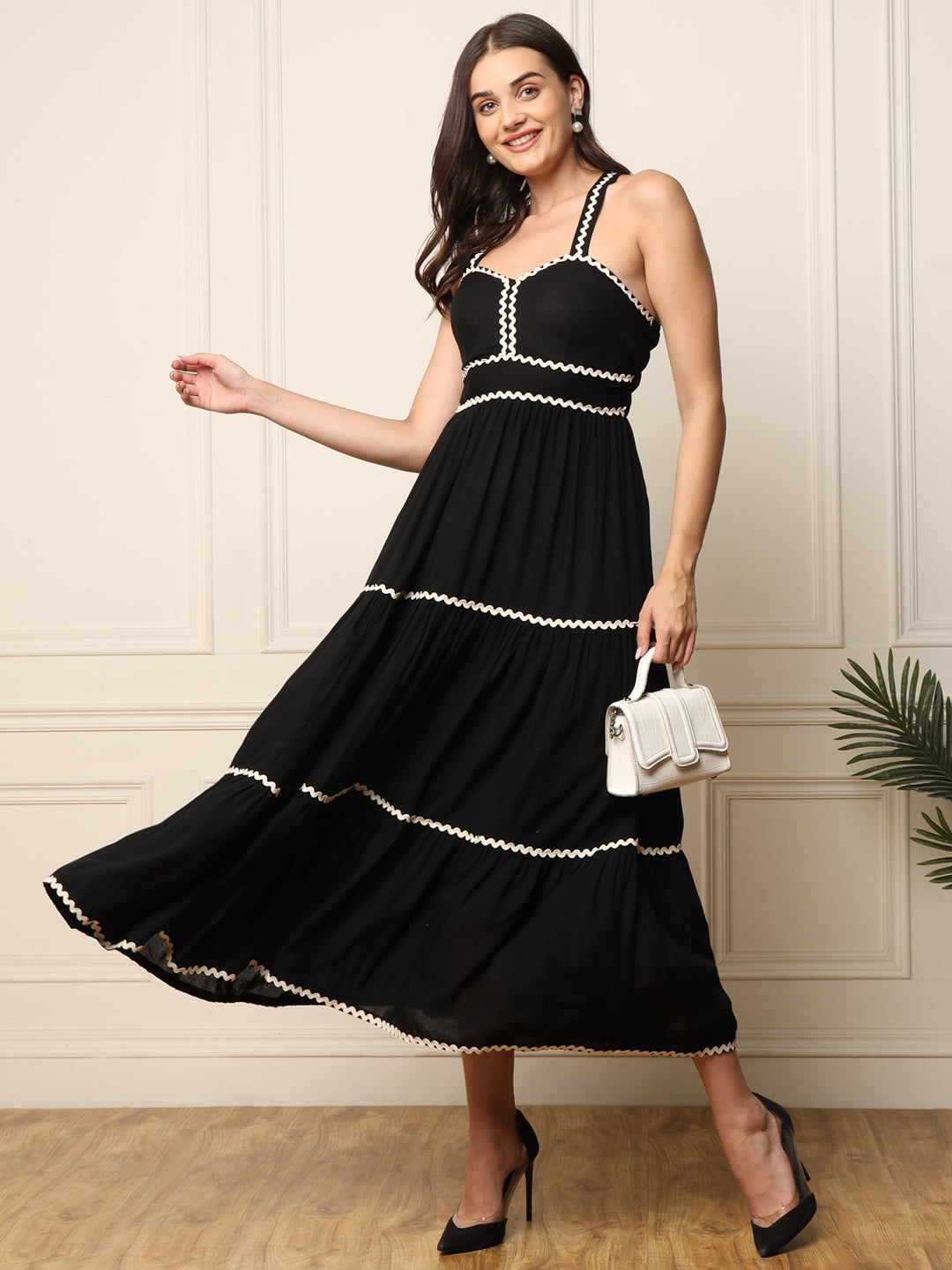 Black Solid Tiered Women Maxi Dress