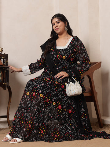 Black Bandhani Printed Tiered Ethnic Kurta With Dupatta For Women