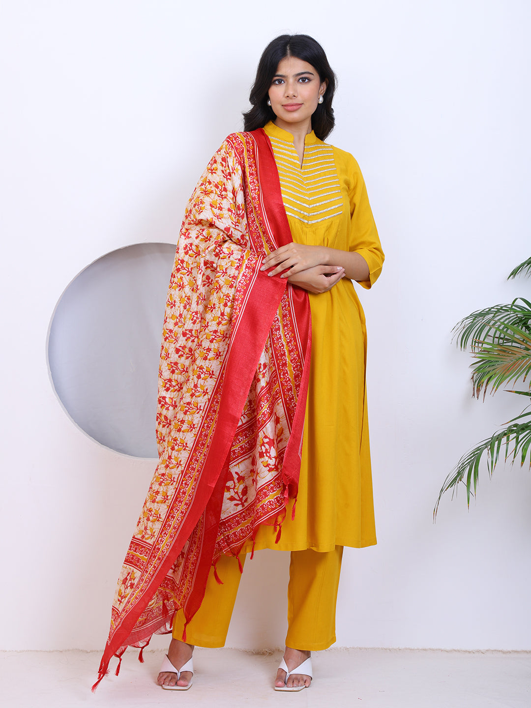 Mustard Yellow Gathered Kurta Pants Set With Dupatta