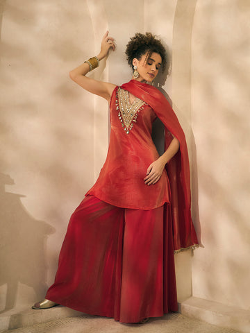 Red Lurex V- Neck Embroidered Neck Patch Kurta With Palazzo With Dupatta Indo Western 3 Piece Women Set