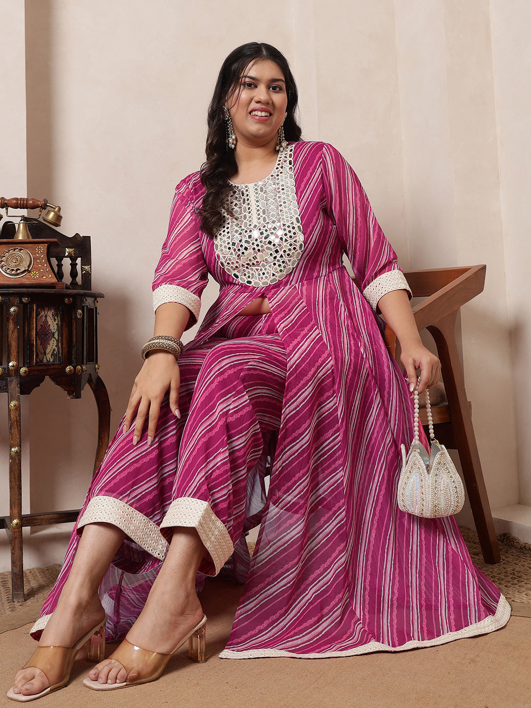 Magenta Pink Laheriya Anarkali Tunic With Embroidered Neck Patch With Palazzo Pant Women Indo Western Women Co-Ord Set