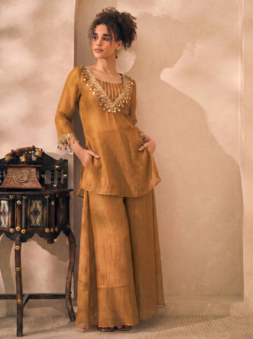 Golden Shimmer Solid Kurta With Palazzo & Bustier Indo Western Women 3 Piece Set