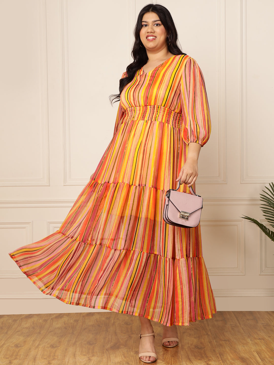 Women's Plus Size Multi-Colour Striped Printed Tiered Maxi Dress