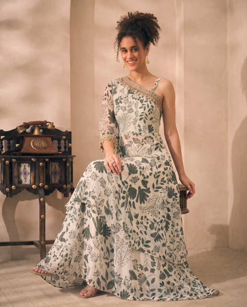 Multicolor Floral Printed Chiffon Lurex One Shoulder Tunic & Palazzo Indo Western Women Co-ord Set