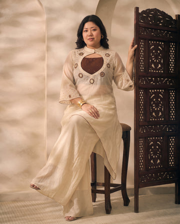 Off White C-Cut Embroidered Kurti With Palazzo With Bustier Women Plus Size Indo Western 3 Piece Set