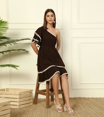 Brown Rayon One Shoulder Tiered Layered Women Dress
