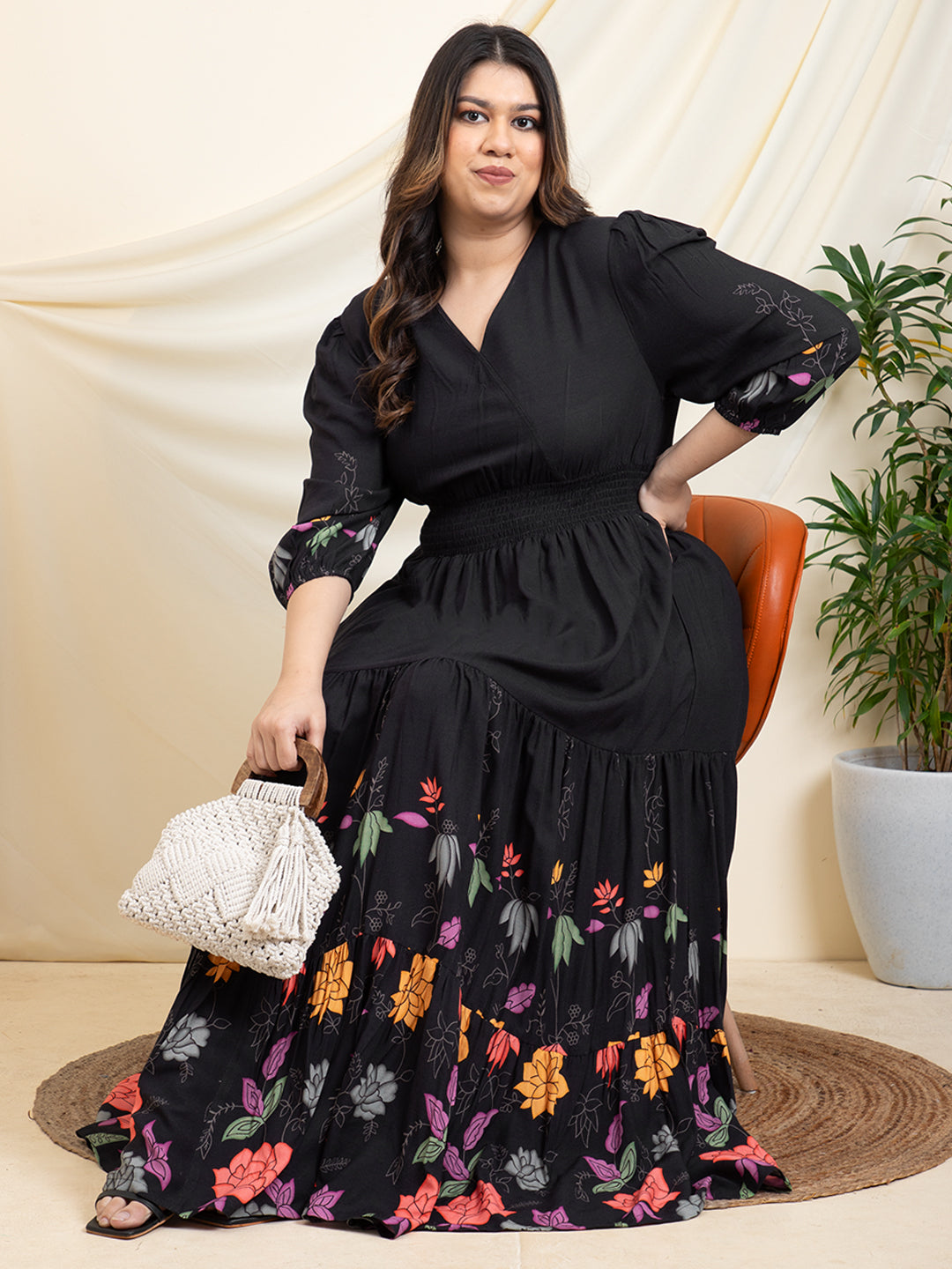 Women Black Floral Plus Size Tiered Maxi Dress