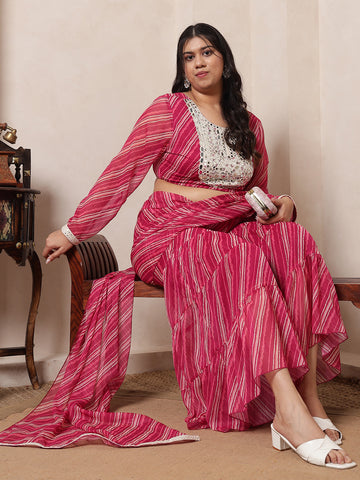 Pink Magenta Laheriya Crop Top With Tiered Sharara Attached Dupatta Women Indo Western Women Co-Ord Set
