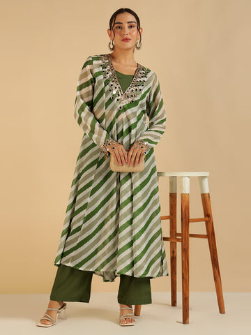 Green Lahariya Printed Top & Kurta with Pant Fusion Co-Ord Set