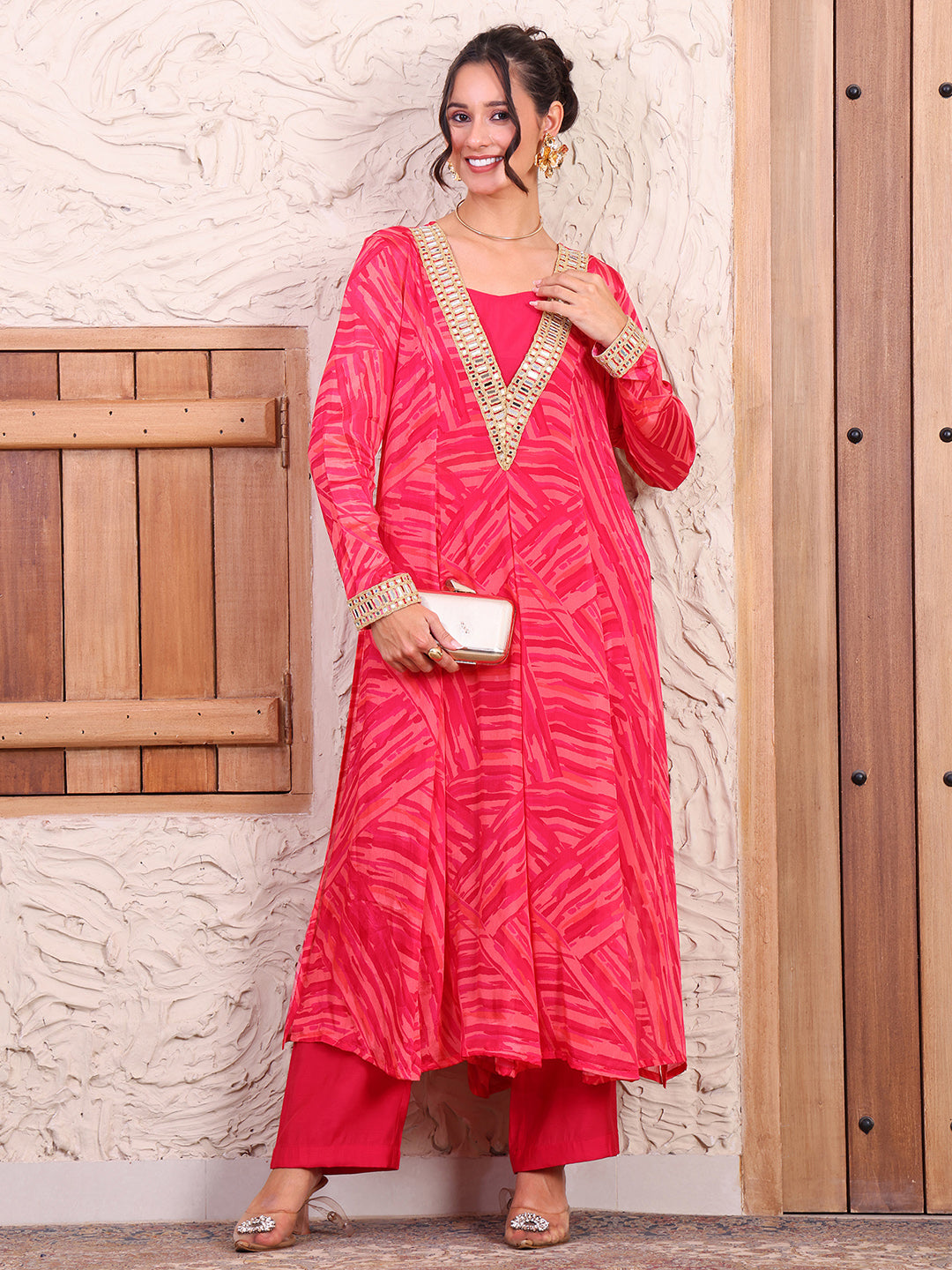 Magenta Abstract Printed Pure Chinnon Indo Western Women Set