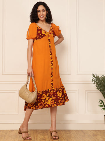 Mustard With Floral Printed Women Dress