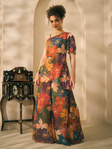 Multicolor Floral Printed One Shoulder Embroidered Tunic With Palazzo Indo Western Women Co-ord Set
