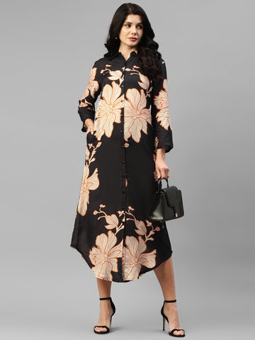 Viscose Muslin Black Big Floral Women's Shirt Dress