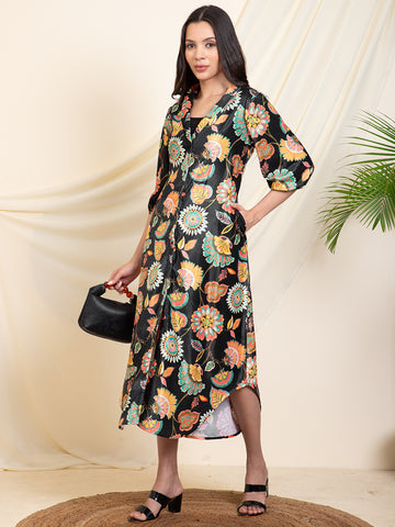 Black Velvet Floral Printed Women Shirt Dress