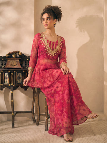 Magent Floral Chiffon Kurta With Palazzo & Bustier Indo Western Women 3 Piece Set
