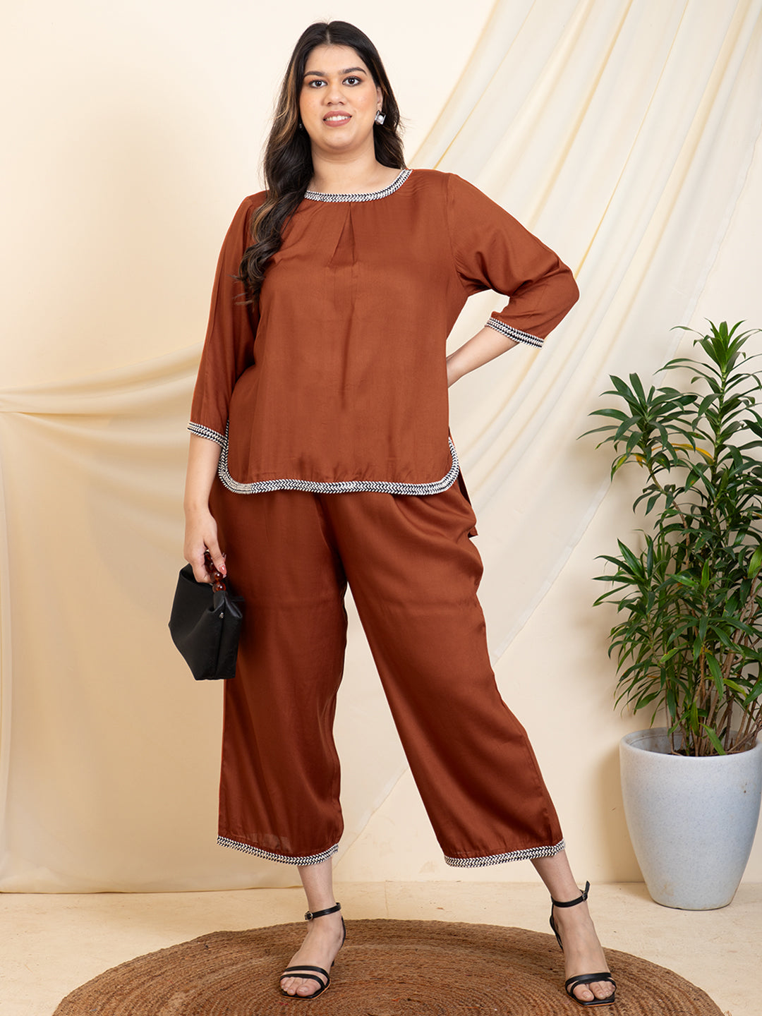 Tan Brown High Low Women Plus Size Co-Ord Set