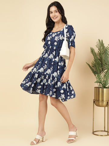 Blue Floral Tiered Calf Length Women Dress