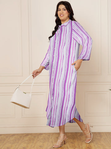 Women's Plus Size  Purple Striped Linen Women Shirt