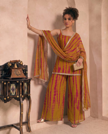 Olive Tie Dye Chiffon Squared Neck Kurta & Palazzo With Dupatta Indo Western Women 3 Piece Set